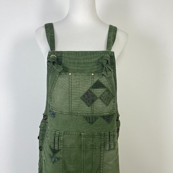 NWOT Anthropologie Pilcro Wanderer Patchwork Overalls Size 27 Green Cotton Blend - Picture 3 of 14